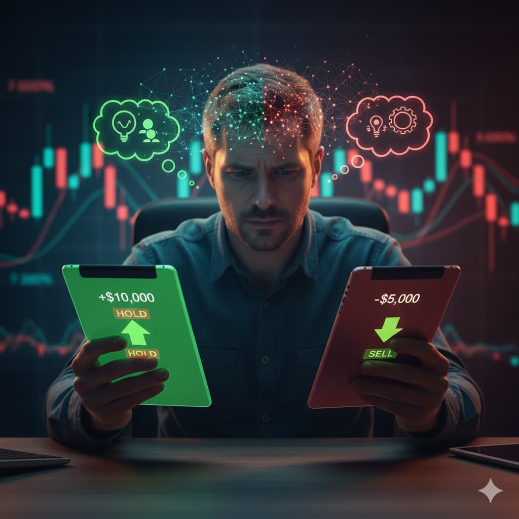 تضاد درونی در ذهن سرمایه‌گذار که یک سهم سودده (سبز) را رها می‌کند (فروش زودرس) در حالی که یک سهم زیان‌دیده (قرمز) را محکم نگه داشته است. این تصویر نماد اثر تمایلی و تصمیم‌گیری احساسی در معاملات مالی است.