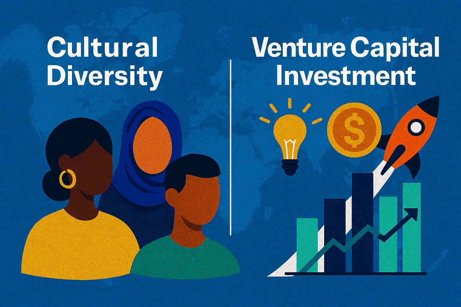 تیم سرمایه‌گذاری با اعضای چندفرهنگی در حال بررسی استارتاپ‌ها، نماد تنوع فرهنگی و موفقیت مالی