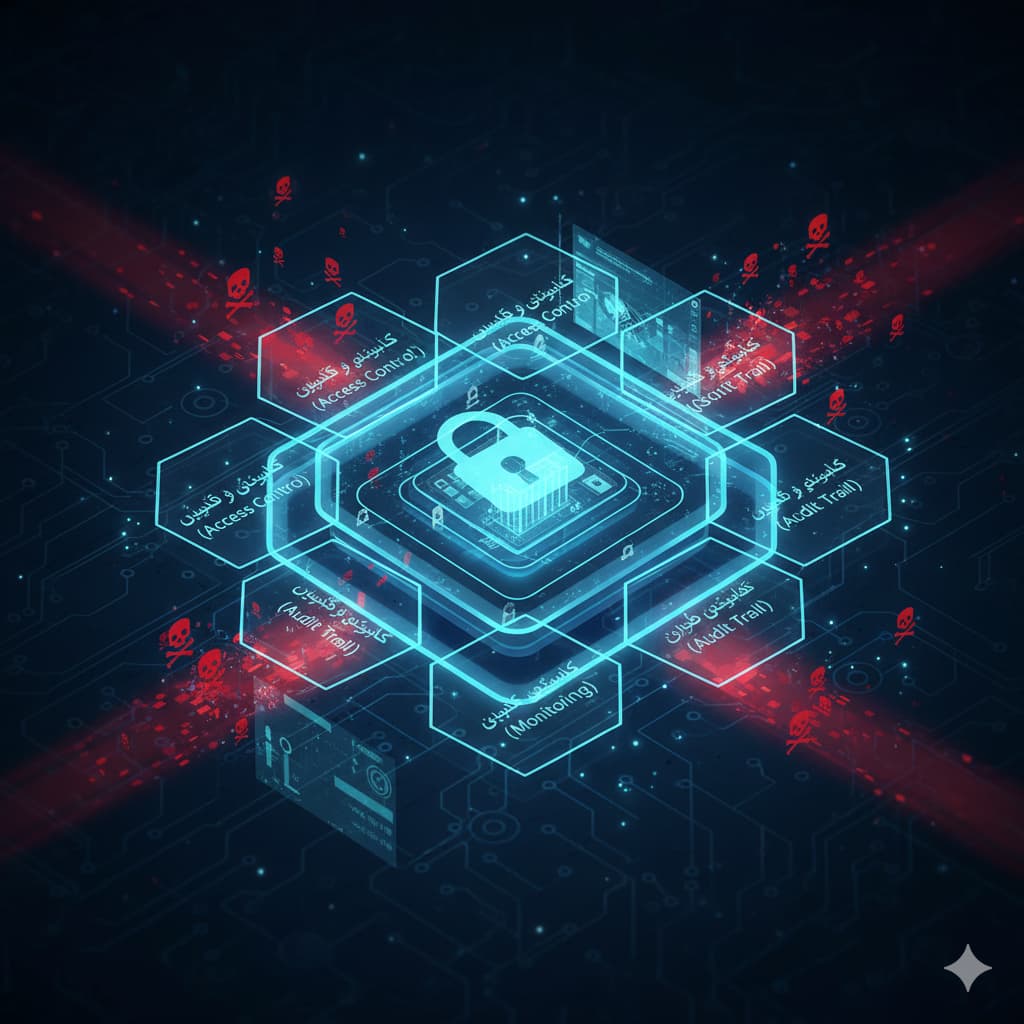 امنیت و پیشگیری از تقلب: (تصویری که لایههای محافظتی و قفلهای امنیتی را در یک سیستم مالی یا سازمانی نشان میدهد)