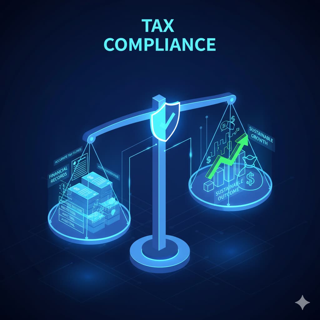 کفه ترازوی انطباق مالیاتی (نمایش یک ترازوی دقیق که یک کفه آن با اسناد مالیاتی دقیق و کفه دیگر با نتایج مثبت و رشد مالیاتی متعادل شده است)