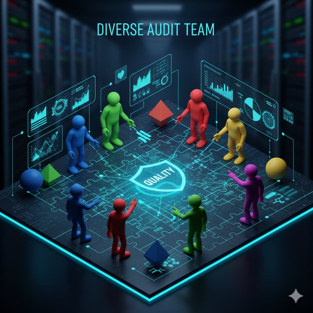 تیم ناهمگون حسابرسی (نمایش یک تیم متشکل از نمادهای مختلف/رنگ‌های مختلف یا اشکال هندسی متفاوت که به سمت یک هدف مشترک (کیفیت) کار می‌کنند.)