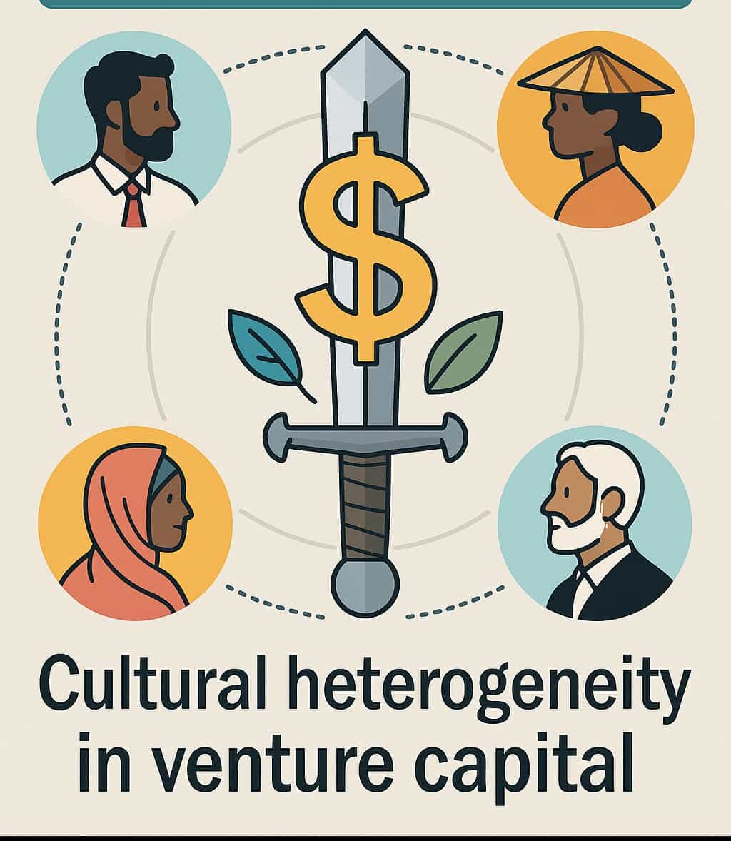 شمشیر دولبه نمادین از ناهمگونی فرهنگی در سرمایه‌گذاری خطرپذیر، با چهره‌هایی از فرهنگ‌های مختلف و نماد دلار