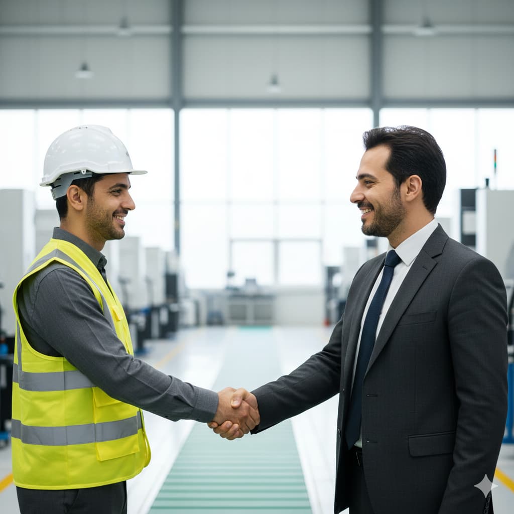 تعامل مثبت و حرفهای بین یک کارگر (با کلاه ایمنی) و یک کارفرما (با لباس رسمی) در یک محیط کاری مدرن.